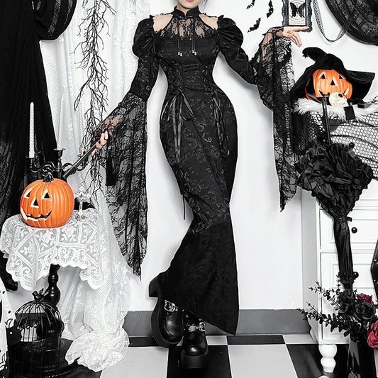Rochie Gothic Slim cu Dantelă Neagră