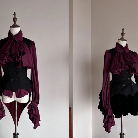Top Gothic Retro cu Volane și Mâneci Lungi