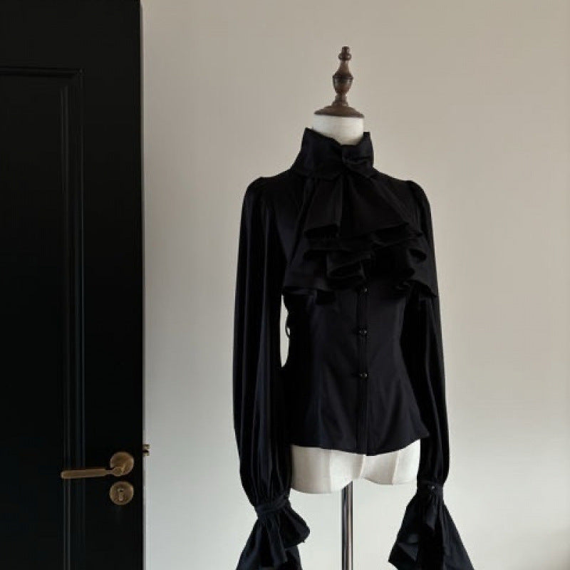 Top Gothic Retro cu Volane și Mâneci Lungi
