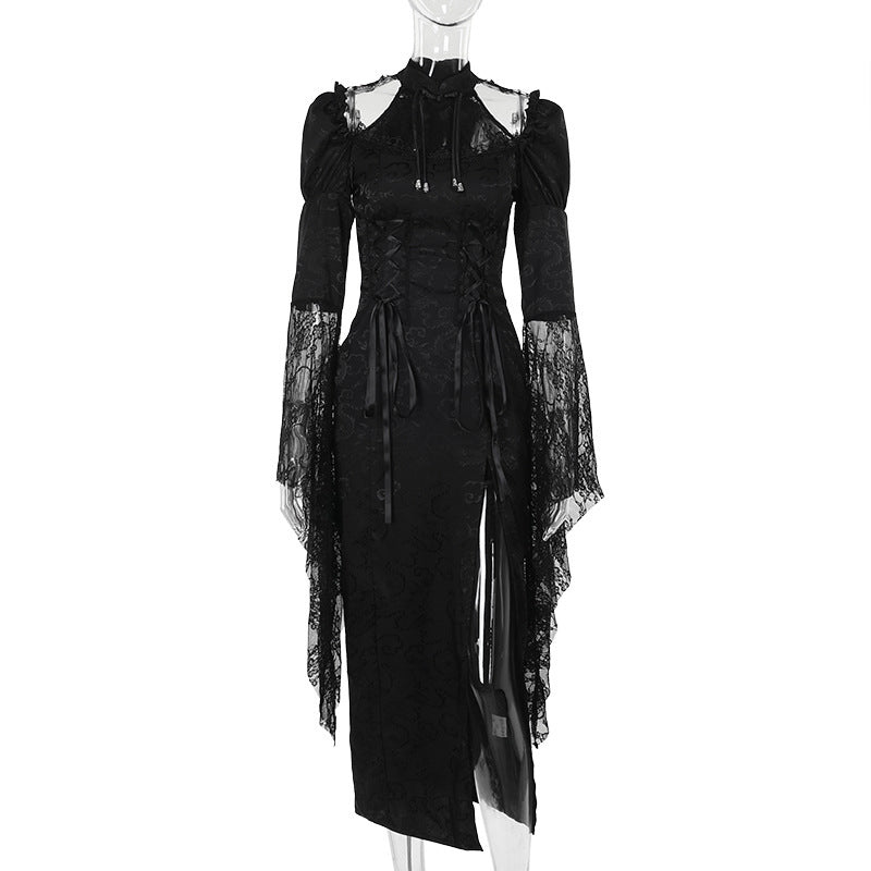 Rochie Gothic Slim cu Dantelă Neagră