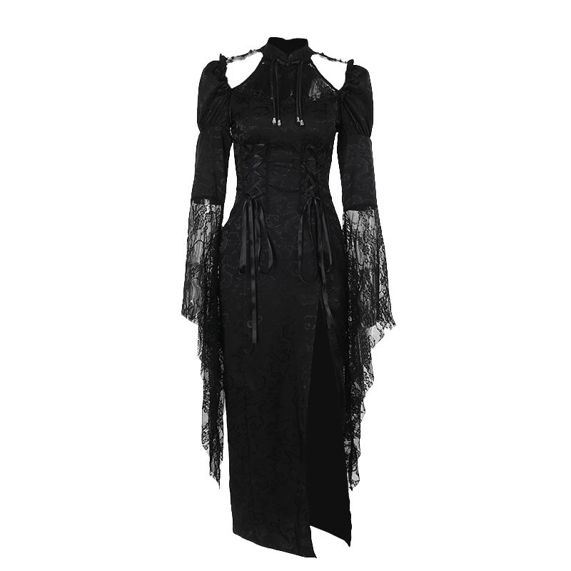 Rochie Gothic Slim cu Dantelă Neagră