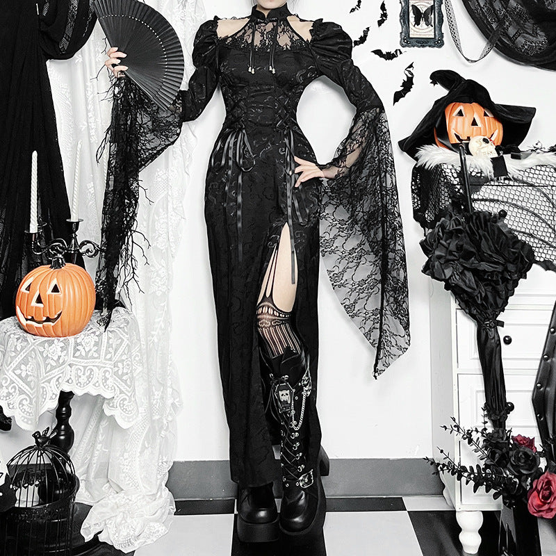 Rochie Gothic Slim cu Dantelă Neagră
