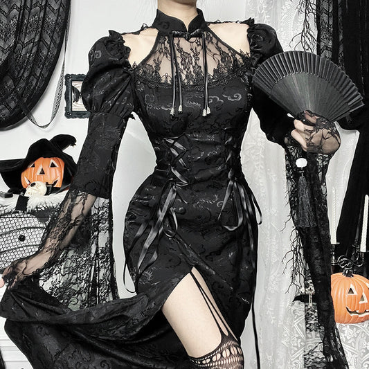 Rochie Gothic Slim cu Dantelă Neagră