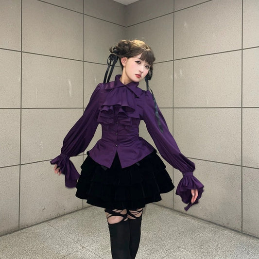 Top Gothic Retro cu Volane și Mâneci Lungi